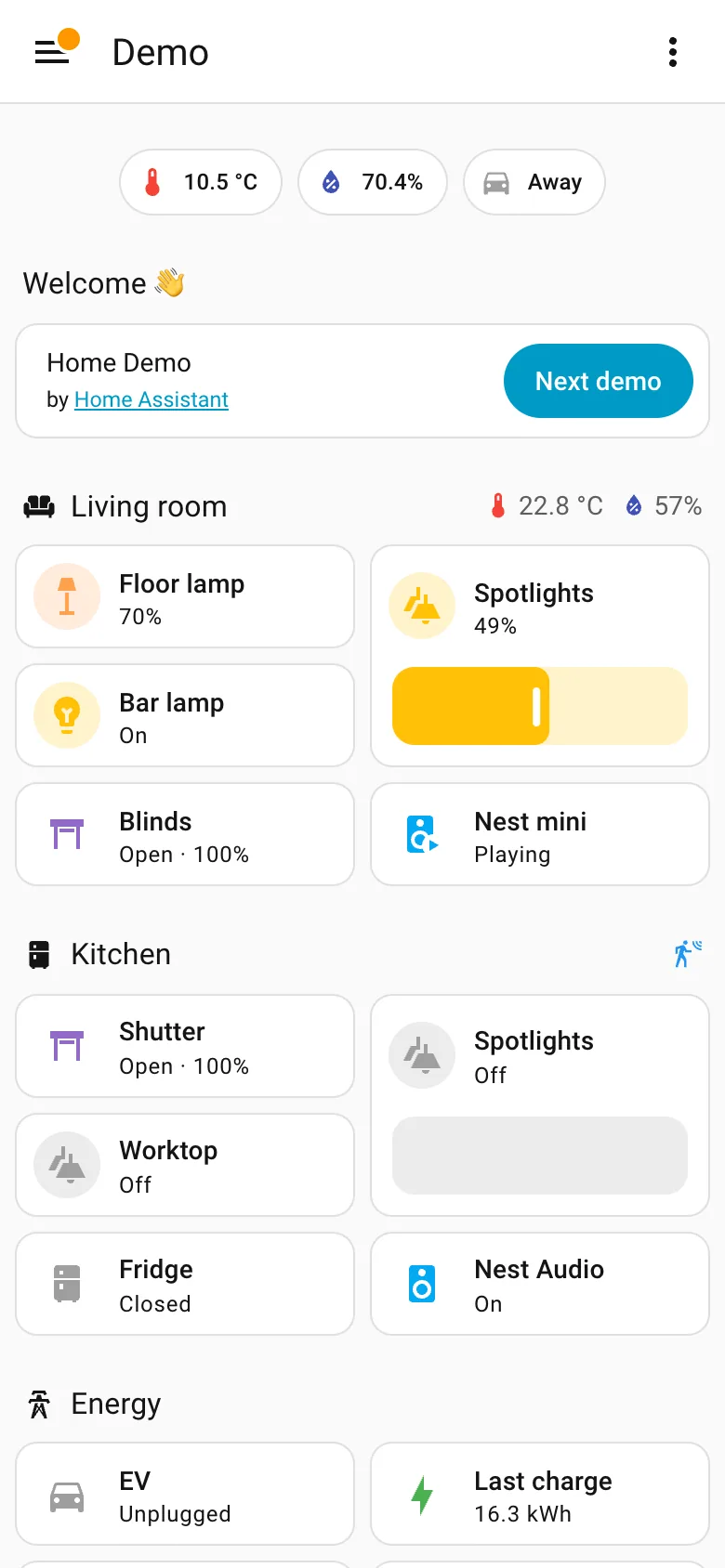 Home Assistant — Demo dashboard at phone width