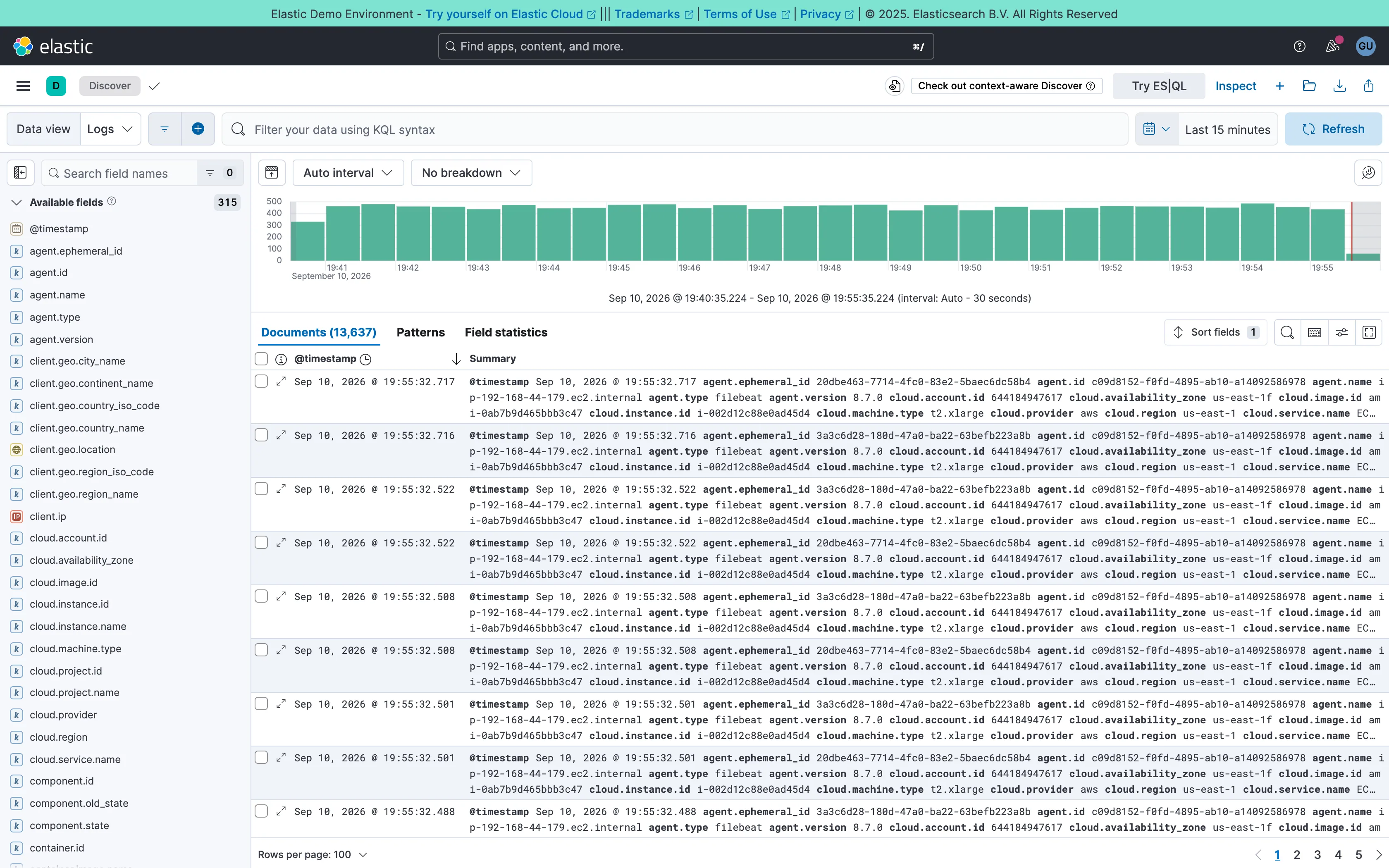 Kibana — Discover / filebeat logs